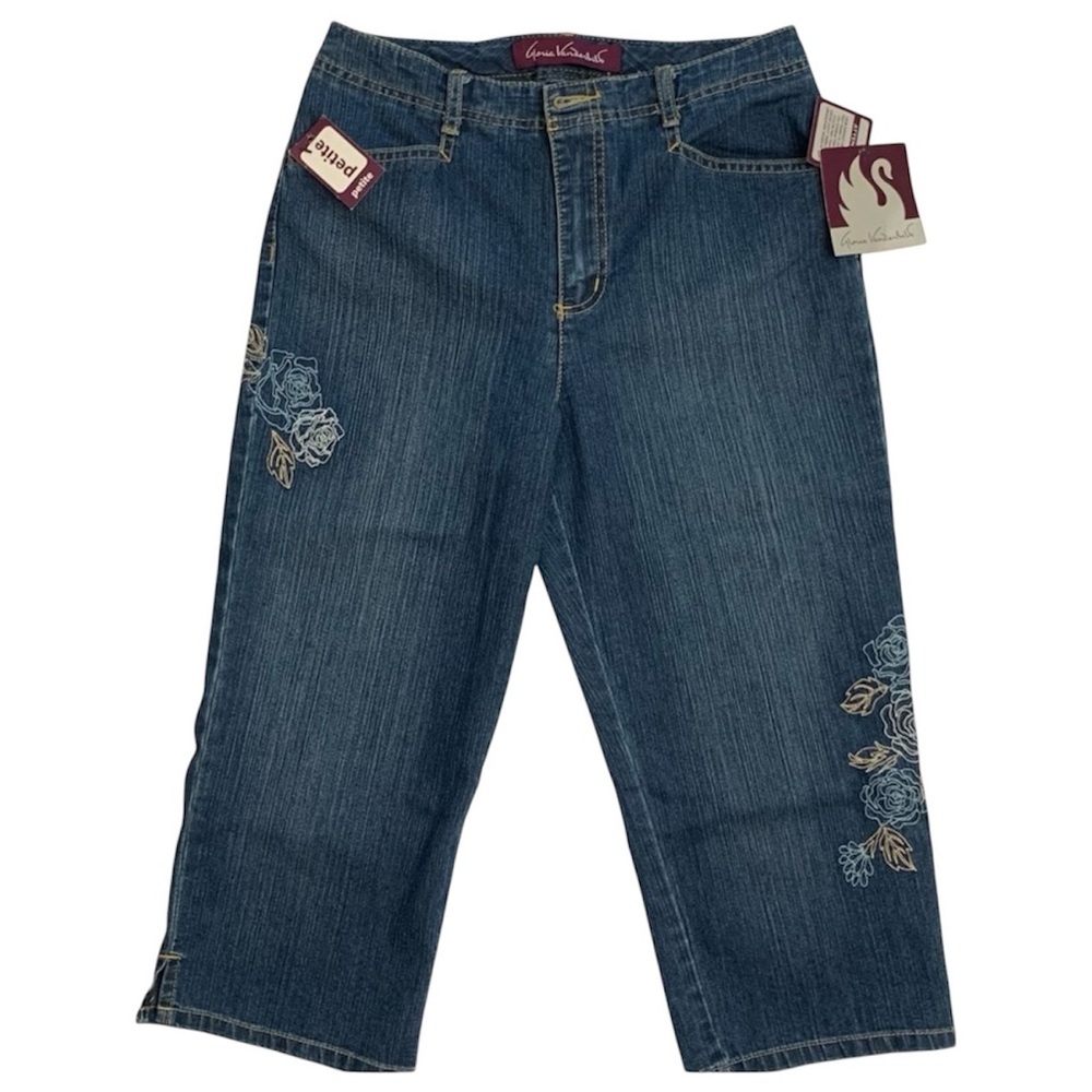 GLORIA Vanderbilt Jeans Floral Embroidered Petite Denim Capris Size 8P New